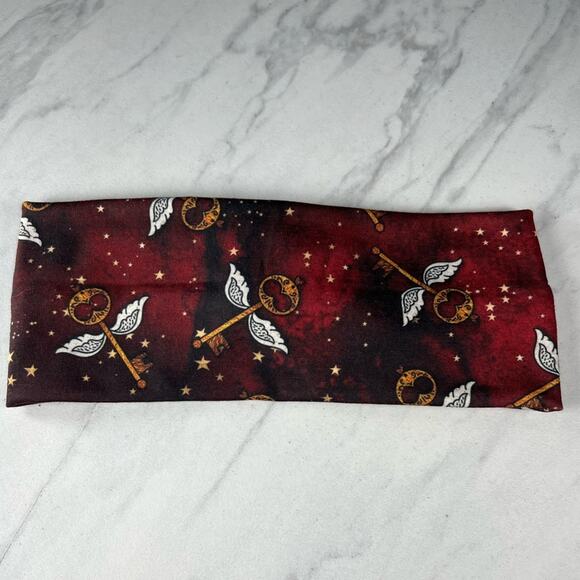 Gold Key Harry Potter Inspired Print Faux Knot/Turban Style Headband - Red/Gold - Picture 2 of 2